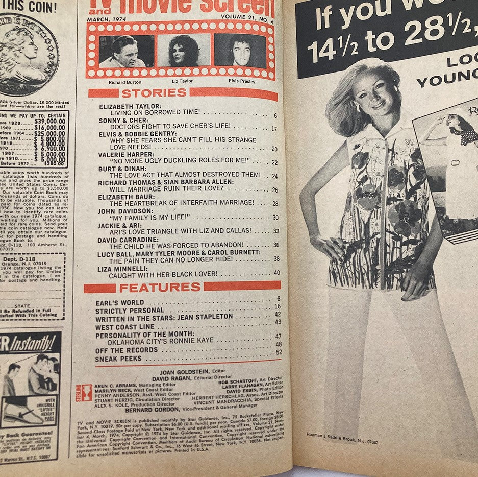 Vintage TV and Movie Screen Magazine March 1974 Vol 21 #4 Cher and Bono No Label