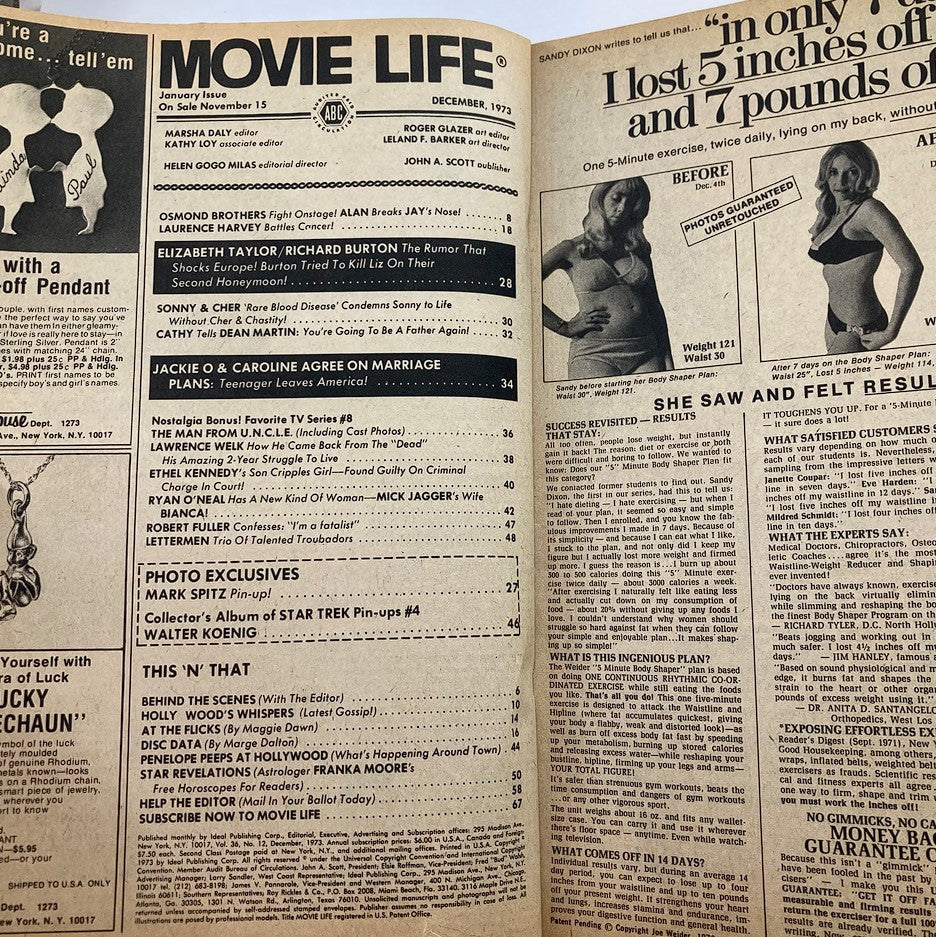 Inside page of the December 1973 VTG Movie Life Magazine, showcasing the contents including features on Elizabeth Taylor, Richard Burton, and various Hollywood stars.