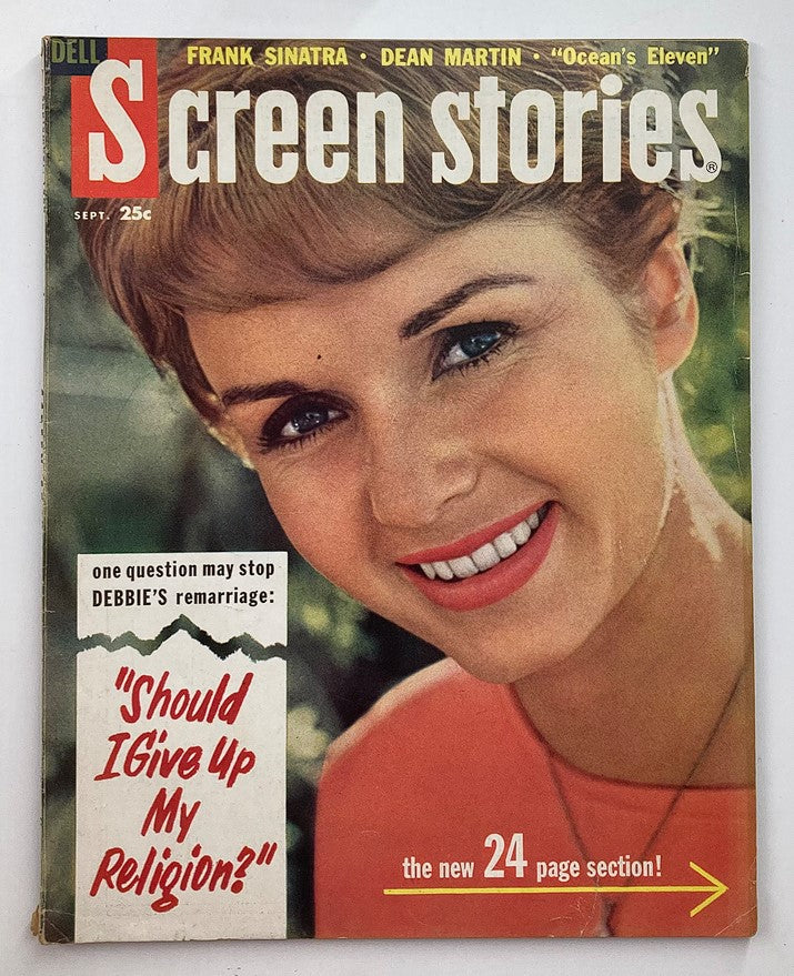 VTG Screen Stories Magazine September 1960 cover featuring Debbie Reynolds, showcasing vintage Hollywood glamour and a nostalgic article question: 'Should I Give Up My Religion?'. Perfect for collectors of classic cinema.