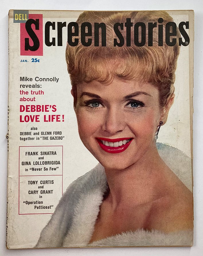 VTG Screen Stories Magazine January 1960 featuring Debbie Reynolds on the cover, highlighting her love life and iconic Hollywood personalities such as Frank Sinatra and Cary Grant.