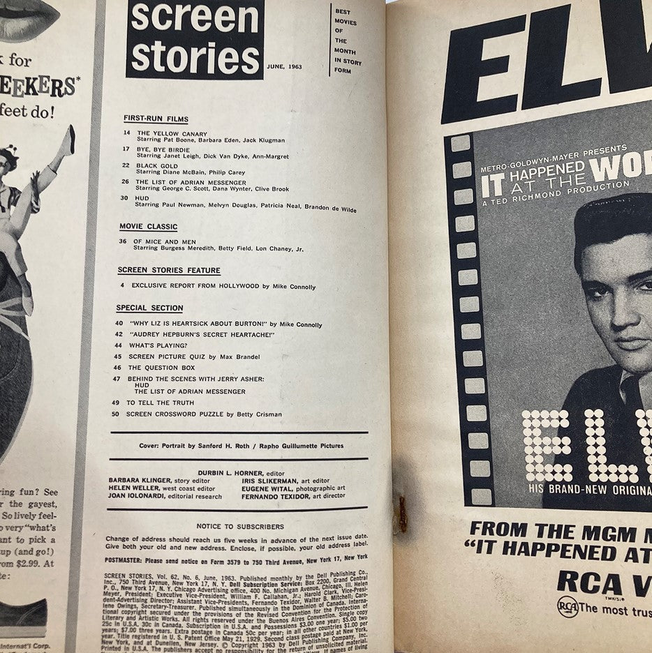 Inside page of the VTG Screen Stories Magazine June 1963, showcasing the contents and featured articles about classic films and actors.