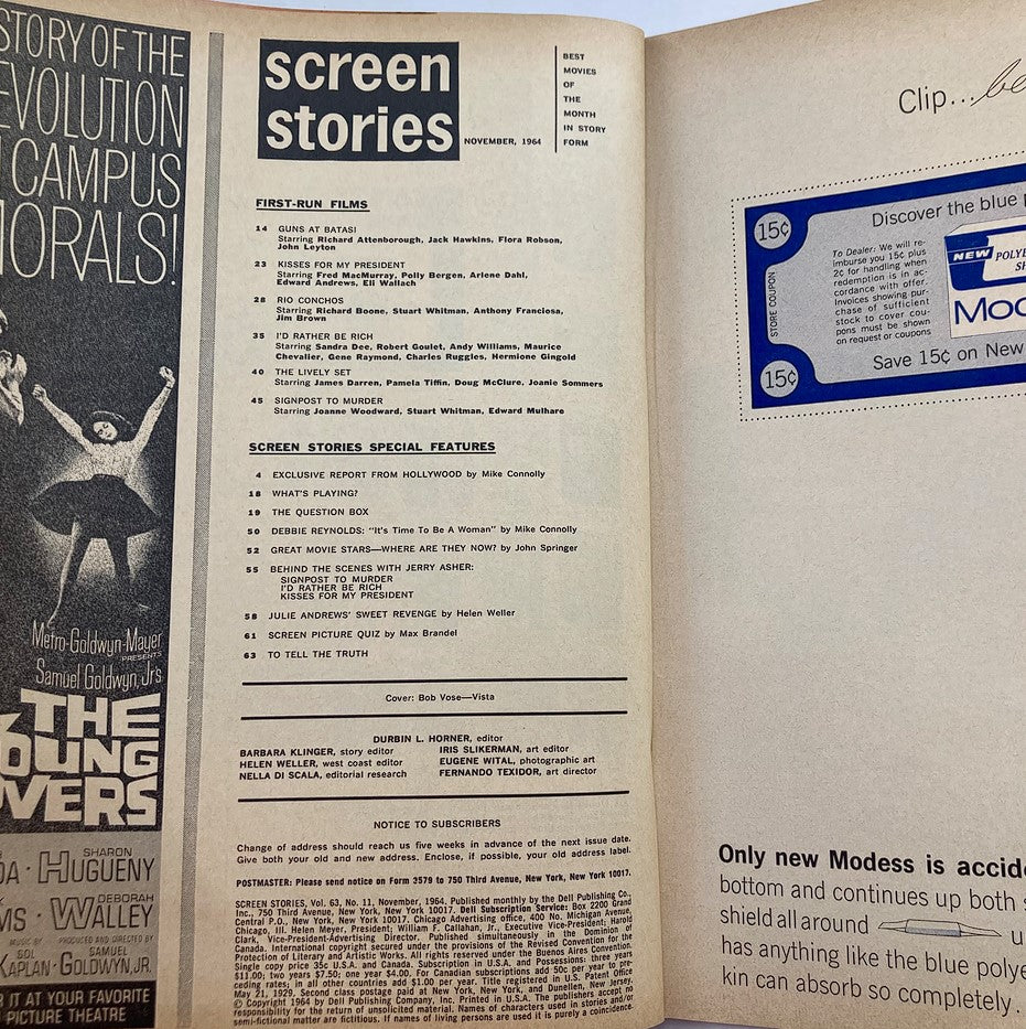 Inside page of VTG Screen Stories Magazine November 1964 showing contents and feature articles including a section on Debbie Reynolds and the film 'Signpost to Murder' starring Joanne Woodward.