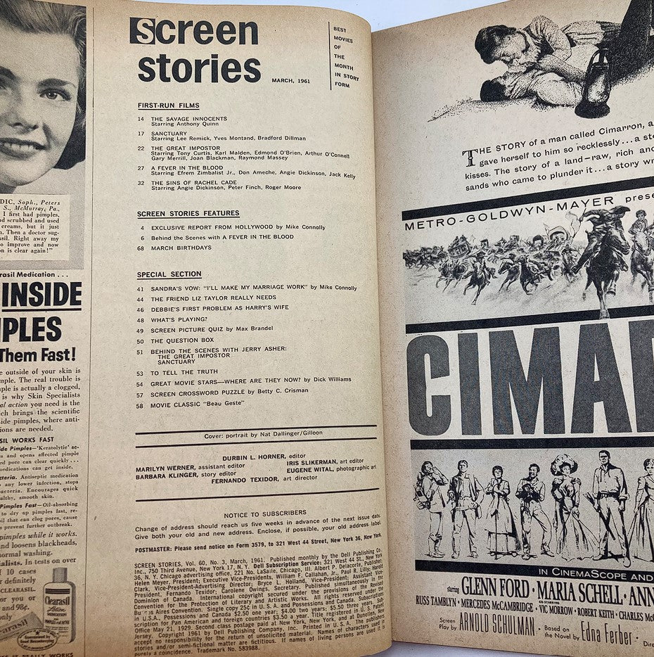 Inside view of VTG Screen Stories Magazine from March 1961, featuring articles on film, interviews, and film listings including 'CIMARON' and special sections highlighting stars like Debbie Reynolds and Sandra Dee.