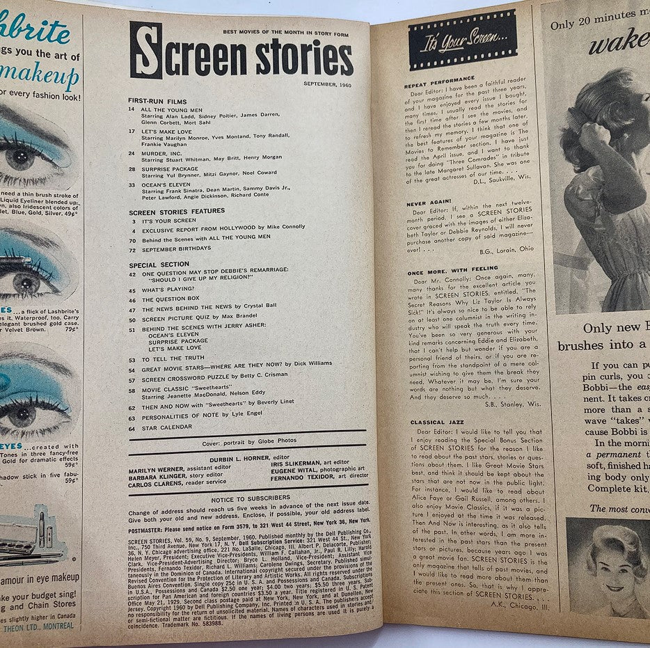 Inside page of VTG Screen Stories Magazine September 1960, displaying the table of contents with features from the issue, including a special section on Debbie Reynolds' remarriage and film listings.