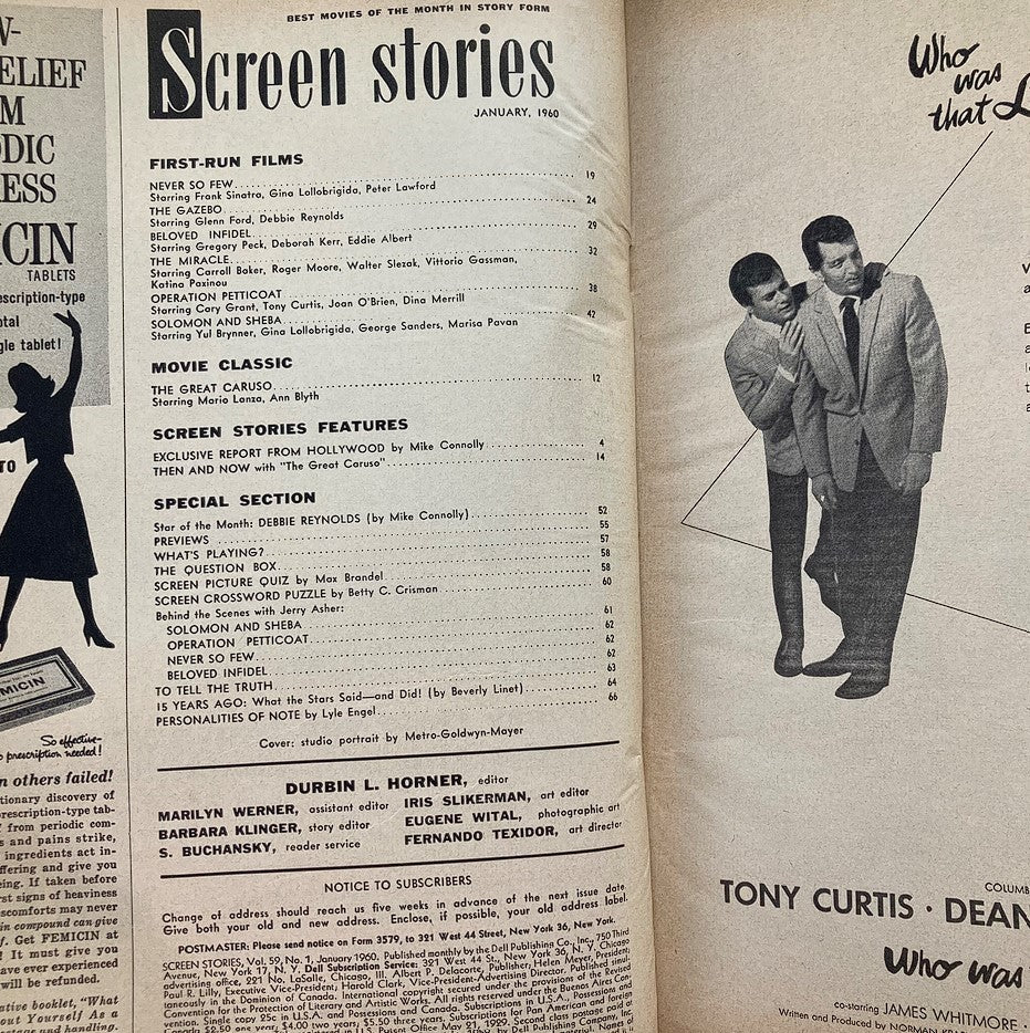 Interior page of VTG Screen Stories Magazine January 1960 displaying the contents, including features on films and Debbie Reynolds.