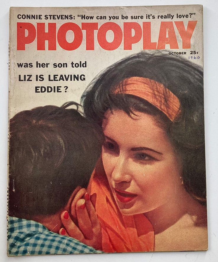 VTG Photoplay Magazine October 1960 Cover featuring Elizabeth Taylor, highlighting the headline 'Liz is Leaving Eddie?', showcasing classic Hollywood glamour and vintage magazine design.