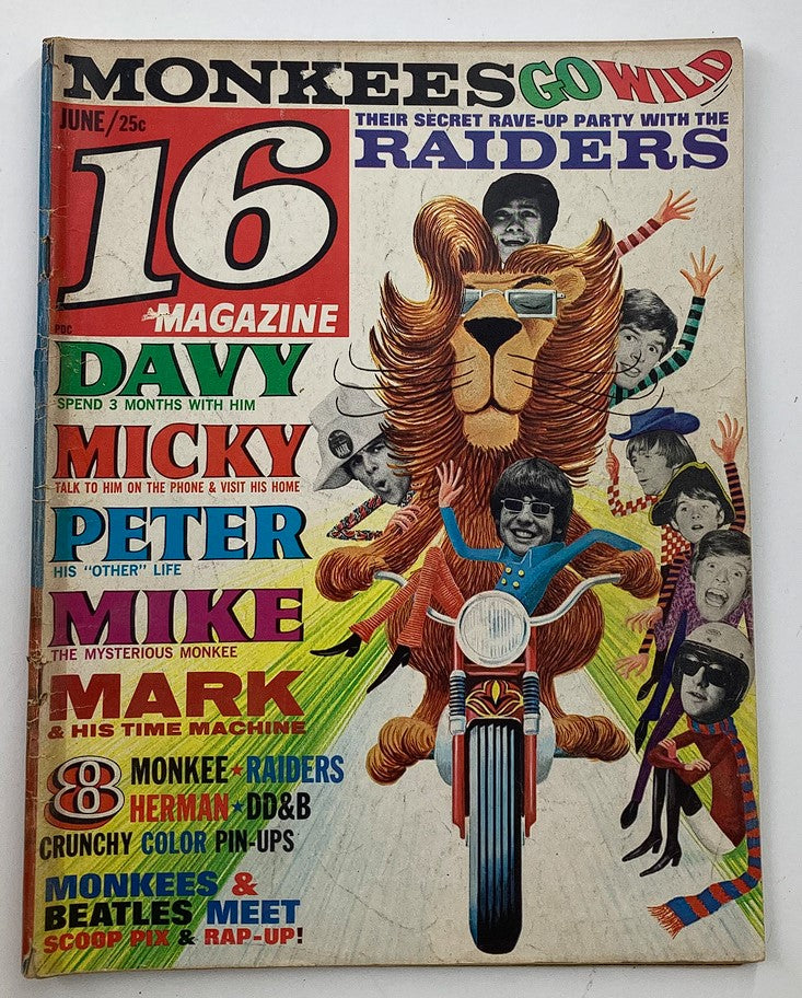 Vintage 16 Magazine June 1967 Vol 9 #1 The Monkees & Me featuring colorful cover with a lion and illustrations of The Monkees band members, ideal for collectors of retro music memorabilia.