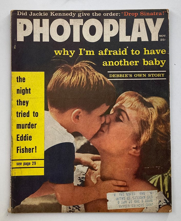 Cover of VTG Photoplay Magazine November 1961 featuring Debbie Reynolds and a child, highlighting articles including 'Why I’m Afraid to Have Another Baby' and 'Did Jackie Kennedy Give the Order: Drop Sinatra?'.
