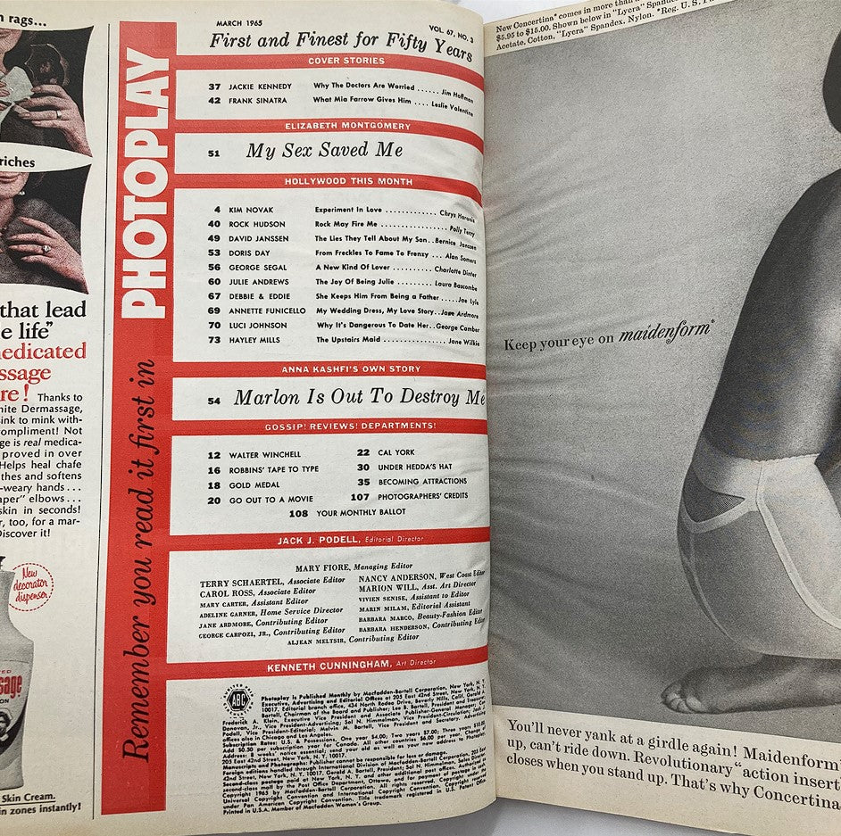 Interior page of VTG Photoplay Magazine March 1965 Vol 67 #3 showcasing the table of contents, highlighting articles including 'Jackie Kennedy' and 'Marlon Is Out to Destroy Me.'