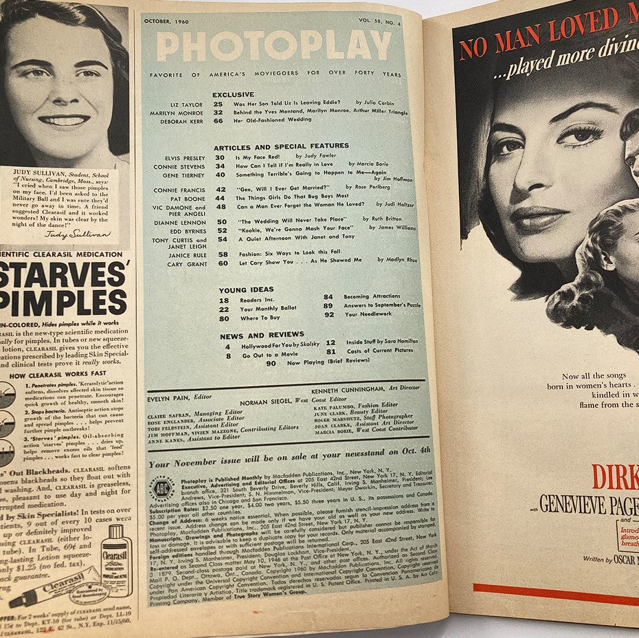 Interior page of VTG Photoplay Magazine October 1960, Volume 58, Issue #4, featuring articles and features, including sections on Liz Taylor, Marilyn Monroe, and celebrity interviews.