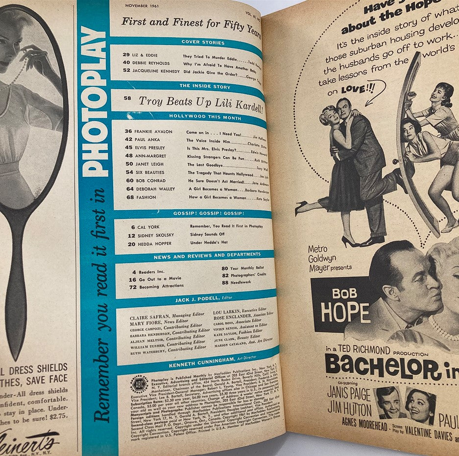 Inside page of VTG Photoplay Magazine November 1961, showcasing contents including 'First and Finest for Fifty Years' and celebrity gossip topics.
