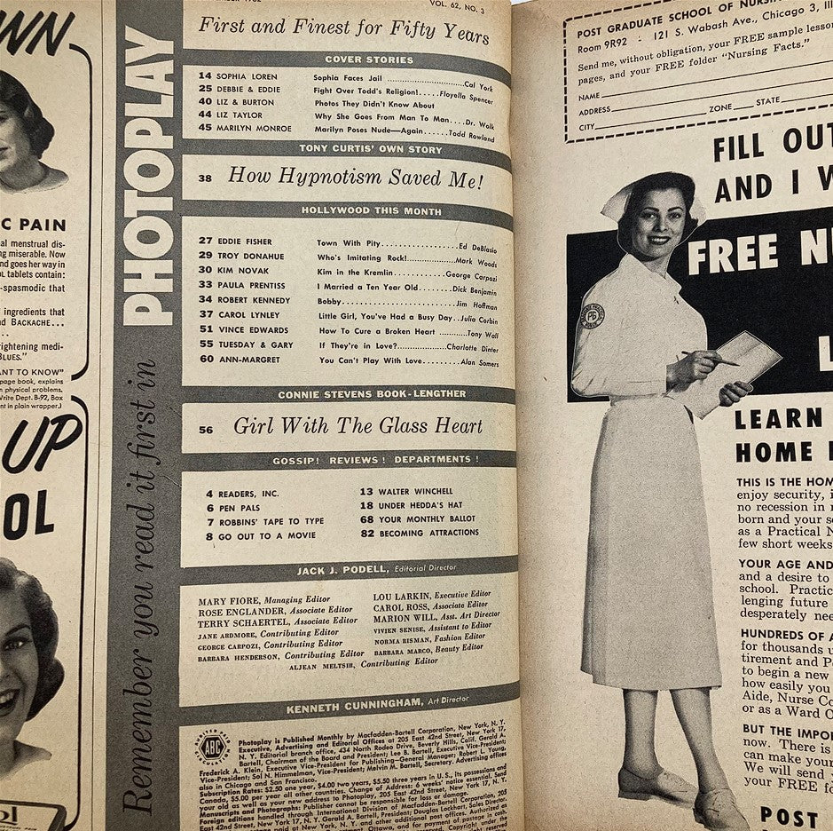 Interior page of the VTG Photoplay Magazine September 1962 showcasing the table of contents with articles featuring Sophia Loren and other Hollywood stars, reflecting the cultural significance of the era.