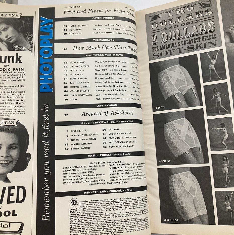 Inside page of VTG Photoplay Magazine September 1964 displaying contents including articles on Jackie Kennedy and Liz Taylor, with a classic magazine layout of the era.