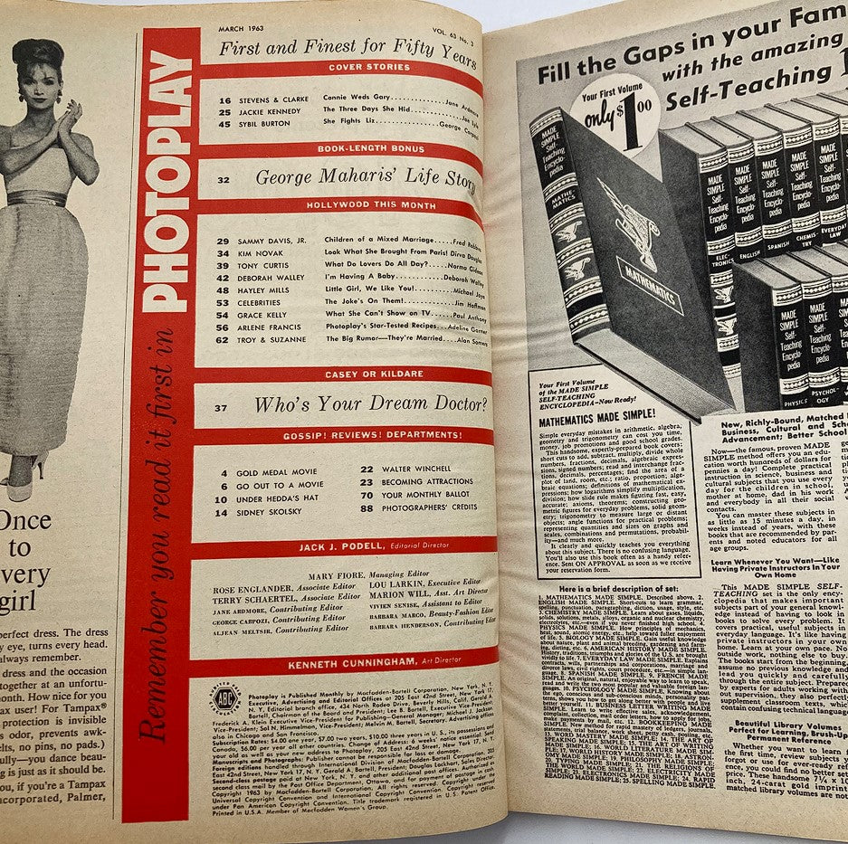 Inside page of VTG Photoplay Magazine March 1963 displaying the contents listing featuring articles on various stars and topics relevant to classic Hollywood, including George Maharis and more.
