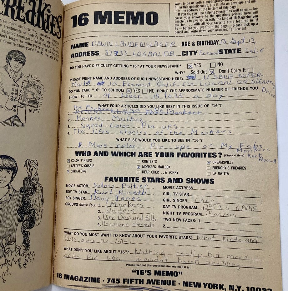 16 Memo section of VTG 16 Magazine June 1967 Vol 9 #1 The Monkees & Me filled out by a fan, asking for favorite articles and stars.