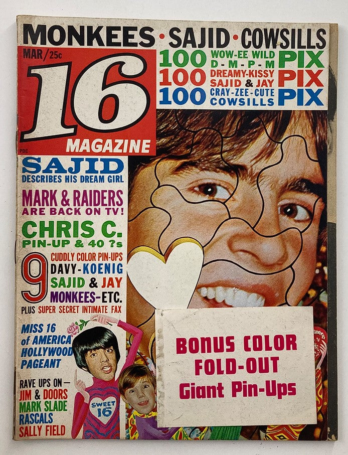 Cover of VTG 16 Magazine from March 1968, Volume 9, Issue 10 featuring Sajid Khan, the Monkees, and Cowsills with promotional details for pin-ups and an engaging pop culture theme.