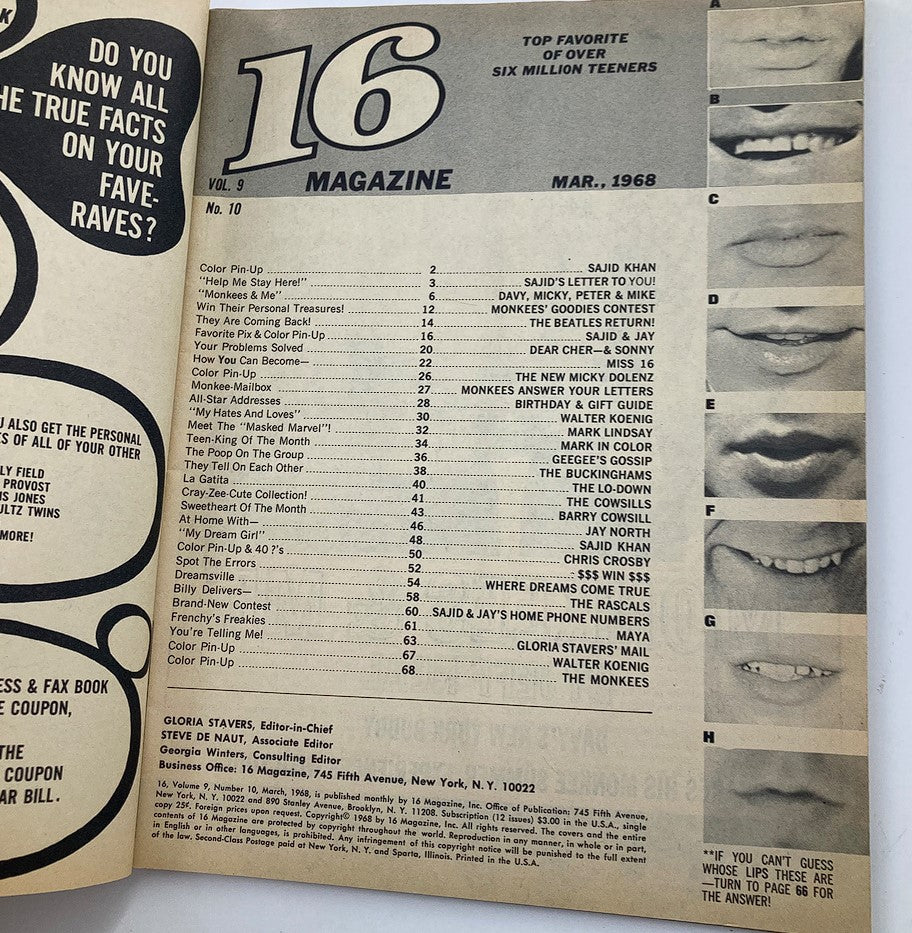 Inside page of VTG 16 Magazine March 1968, showcasing the table of contents with various teen topics and featured stars, presenting a nostalgic view of the magazine's format.