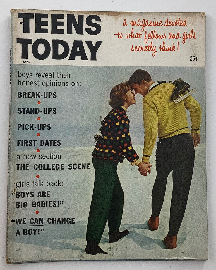 Cover of VTG Teens Today Magazine January 1960 showing a boy and girl holding hands, highlighting articles on dating, college life, and teen opinions.