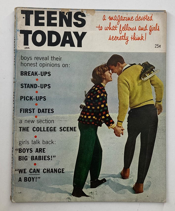 Cover image of VTG Teens Today Magazine January 1960 featuring a couple in winter attire, showcasing a focus on teenage relationships and culture.