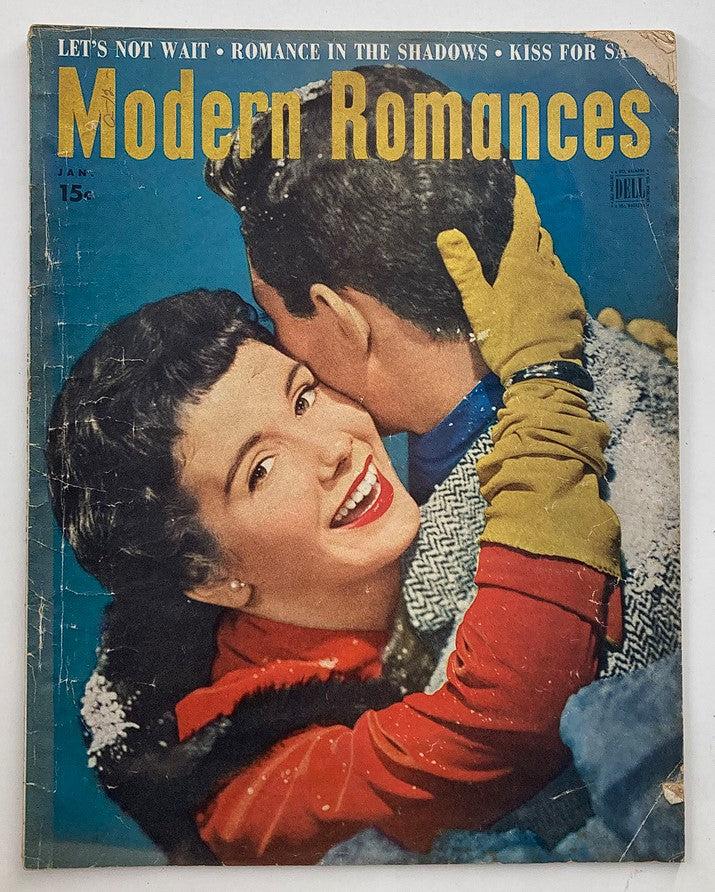 Vintage Modern Romances Magazine January 1950 cover featuring a happy couple embracing. The cover highlights the captivating story 'Kiss for Sale' and showcases colorful retro graphics from the 1950s.