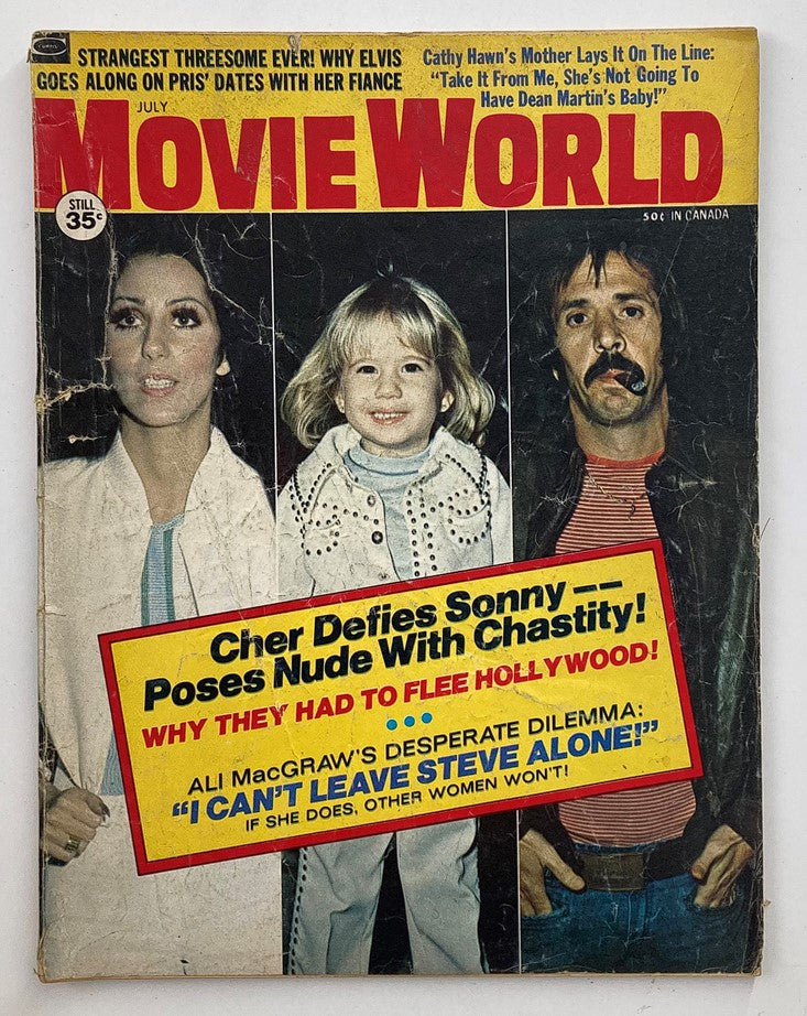 Cover of VTG Movie World Magazine July 1973 Vol 18 #7 featuring Sonny and Cher, showcasing a vintage design and iconic pop culture images.