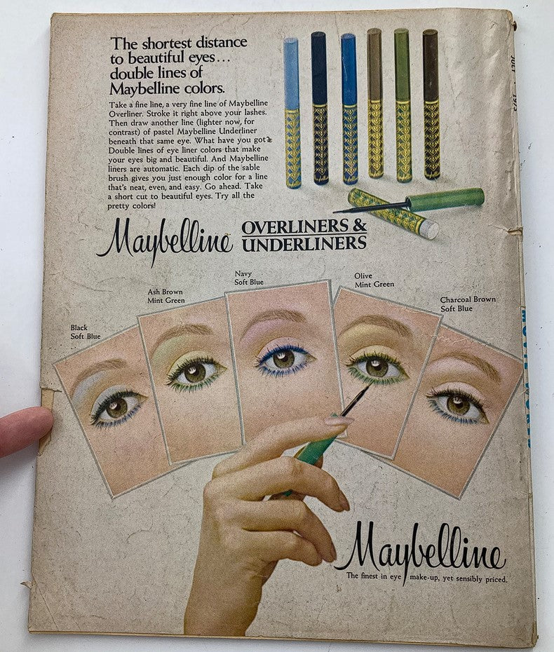 Advertisement page from Movie World Magazine July 1973 Vol 18 #7 featuring Maybelline cosmetics, illustrating beauty trends from the 1970s.