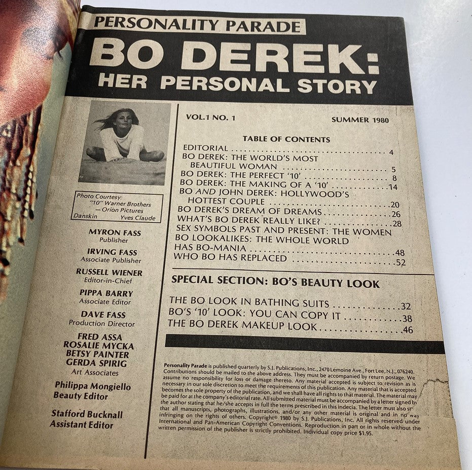 Inside page of VTG Personal Parade Magazine Summer 1980 Vol 1 #1, highlighting content with Bo Derek's personal story and articles about beauty, fashion, and celebrity culture.
