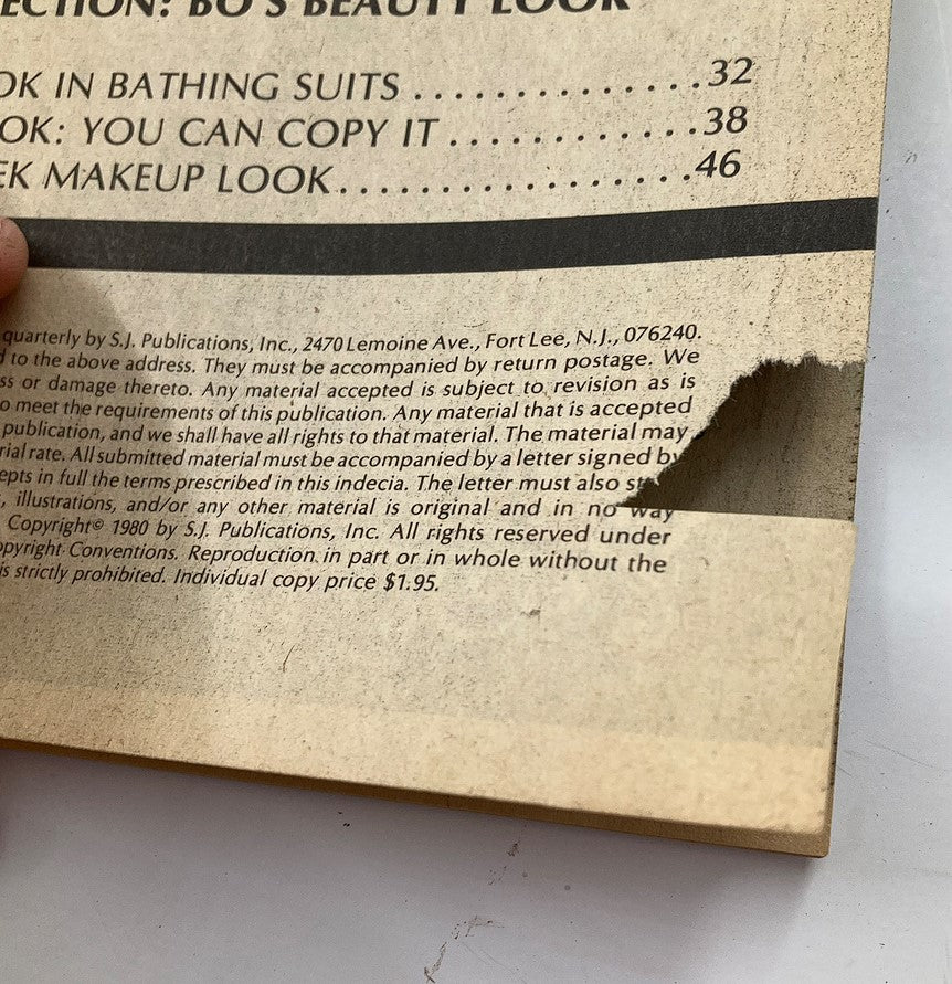 Back cover of VTG Personal Parade Magazine Summer 1980 Vol 1 #1, featuring contents related to beauty and fashion, showcasing a vintage aesthetic and age-related wear.
