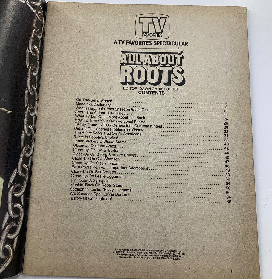 Contents page from the VTG TV Favorites Spectacular Magazine 1977 featuring O.J. Simpson, highlighting articles about popular TV shows including a close-up on the iconic actor.