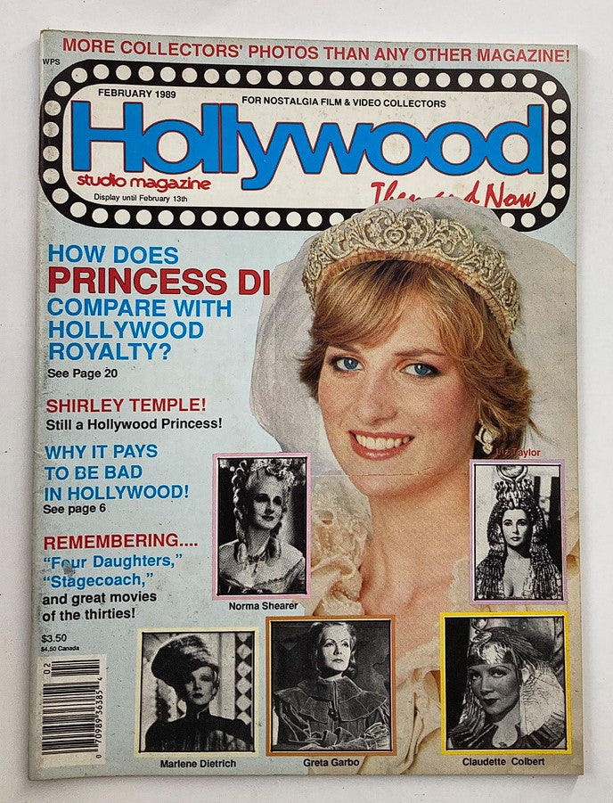 Cover of VTG Hollywood Studio Magazine Then & Now February 1989 featuring Princess Diana with a regal hairstyle and ornamental crown, highlighting the allure of 1980s celebrity culture.
