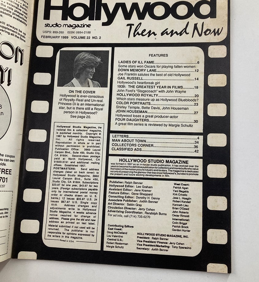 Inside page of VTG Hollywood Studio Magazine Then & Now February 1989, showcasing a feature article on Princess Diana, emphasizing the magazine's focus on Hollywood royalty.