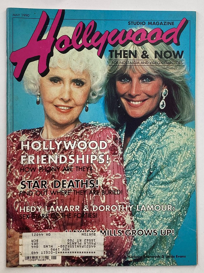 Hollywood Studio Magazine Then & Now May 1990 cover featuring Lindan Evans and Barbara Stanwyck, showcasing topics on Hollywood friendships and celebrity culture.
