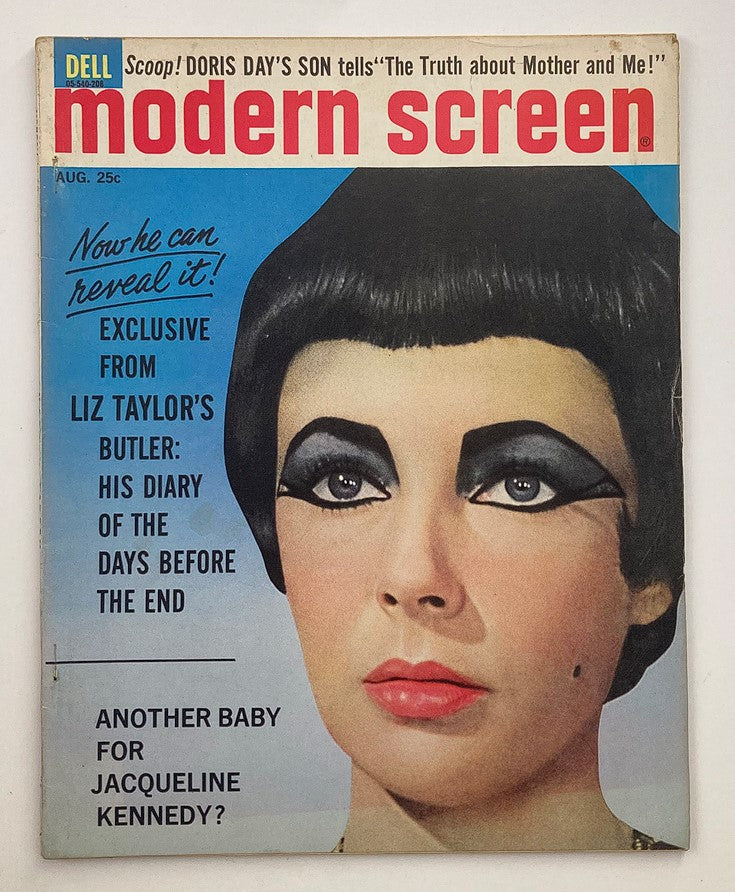 VTG Modern Screen Magazine August 1962 featuring a stylized cover image of Elizabeth Taylor as Cleopatra, displaying bold makeup and elaborate hair design.