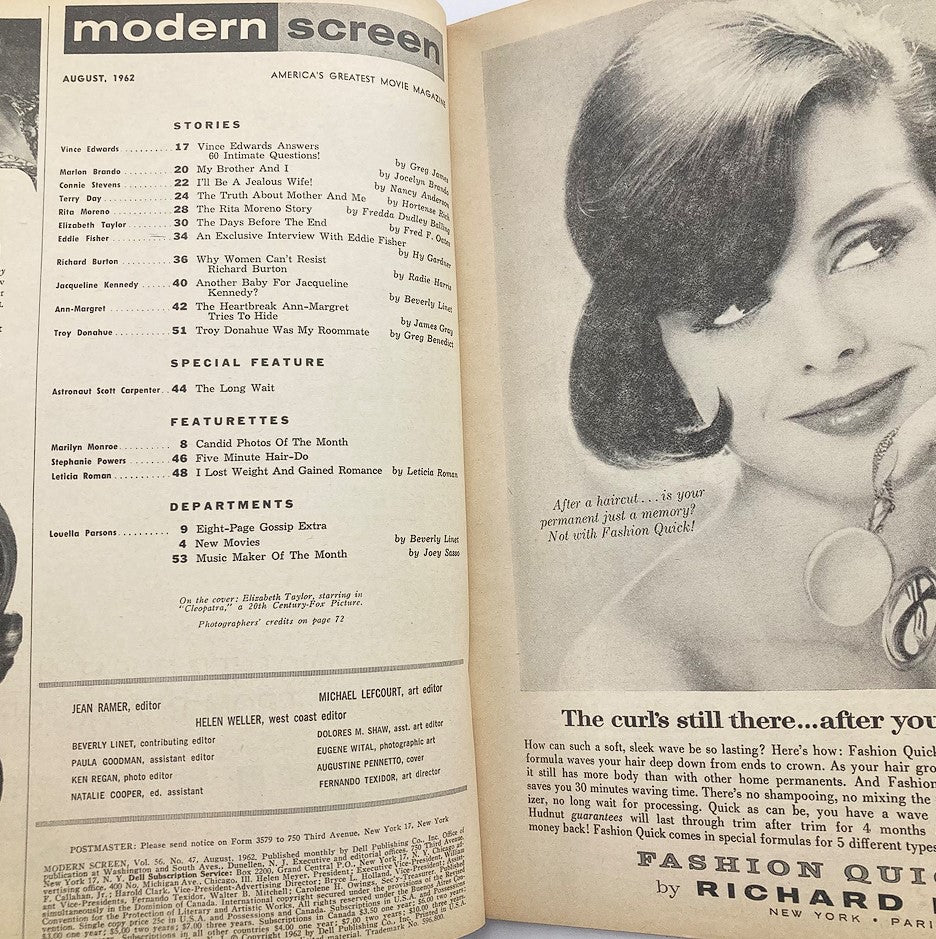 Inside page of VTG Modern Screen Magazine August 1962, showcasing articles and content including Elizabeth Taylor as Cleopatra, illustrating the vintage style of movie magazines from the 1960s.