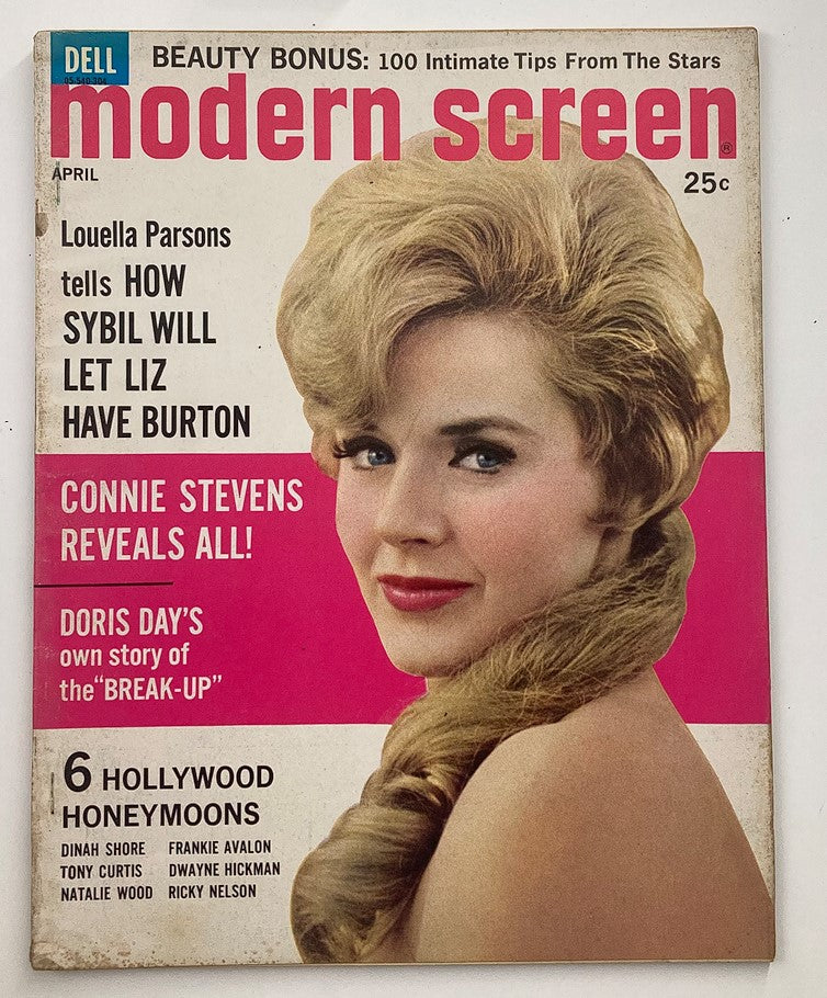 Vintage Modern Screen Magazine April 1963 cover featuring Connie Stevens and article highlights including Dinah Shore. A nostalgic collectible for classic Hollywood fans.