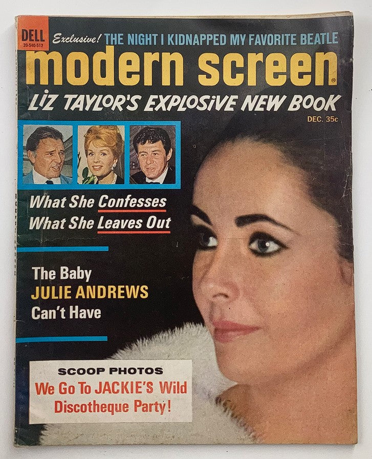 Vintage Modern Screen Magazine from December 1965 featuring Elizabeth Taylor on the cover, highlighting her explosive new book and articles on Hollywood celebrities like Julie Andrews.