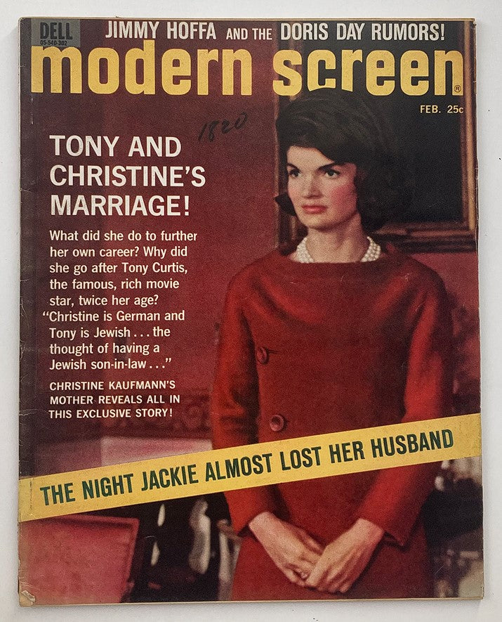 Cover of VTG Modern Screen Magazine from February 1963 featuring Jacqueline Kennedy, showcasing an iconic photograph and vintage design elements, with headlines about celebrity stories and intriguing features from that era.