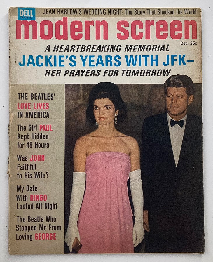 Cover of VTG Modern Screen Magazine December 1964 featuring Jackie Kennedy in a pink gown and John F. Kennedy, highlighting articles on Jackie’s years with JFK and cultural insights from the early 1960s.