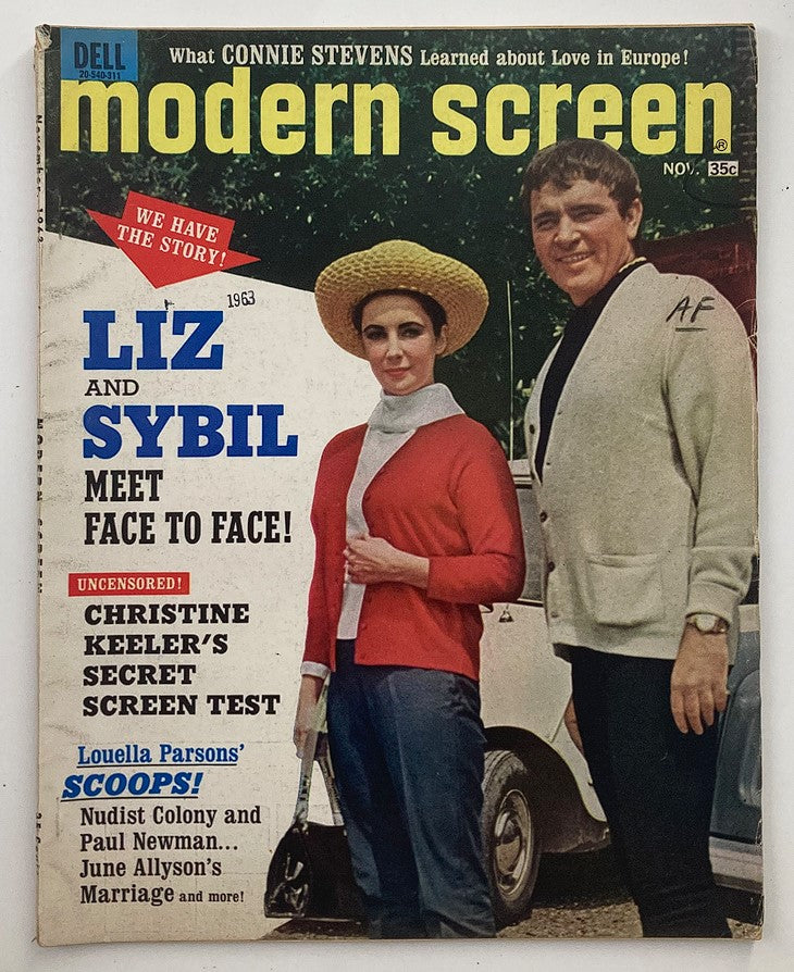 VTG Modern Screen Magazine November 1963 featuring Liz Taylor and Richard Burton on the cover, showcasing their iconic image and highlighting the allure of Hollywood in the 1960s.