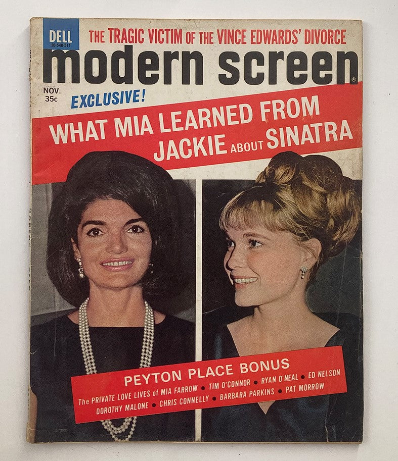 Cover of VTG Modern Screen Magazine from November 1965 featuring Jackie Kennedy and Mia Farrow with the headline about Mia’s experiences with Jackie regarding Sinatra.