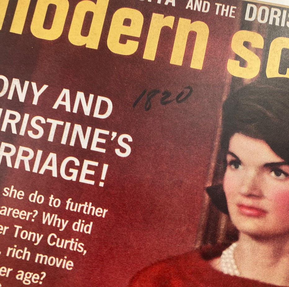 VTG Modern Screen Magazine February 1963 cover featuring Jacqueline Kennedy with a handwritten note and bold magazine title.