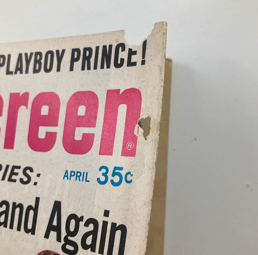 Close-up of VTG Modern Screen Magazine April 1968 cover showing the title 'Modern Screen' in bold pink letters with visible wear and tear, highlighting its vintage charm and history.