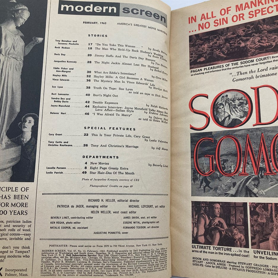 Inside pages of VTG Modern Screen Magazine February 1963 showcasing articles and contents, including Jacqueline Kennedy feature, with vintage magazine layout.