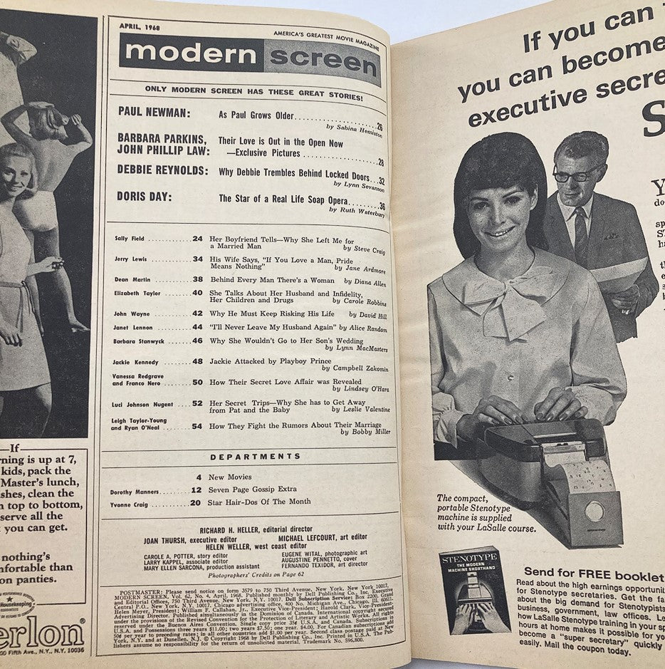 Interior page of VTG Modern Screen Magazine April 1968 showcasing articles including one featuring The Lennon Sister, along with classic 1960s design elements and typography.