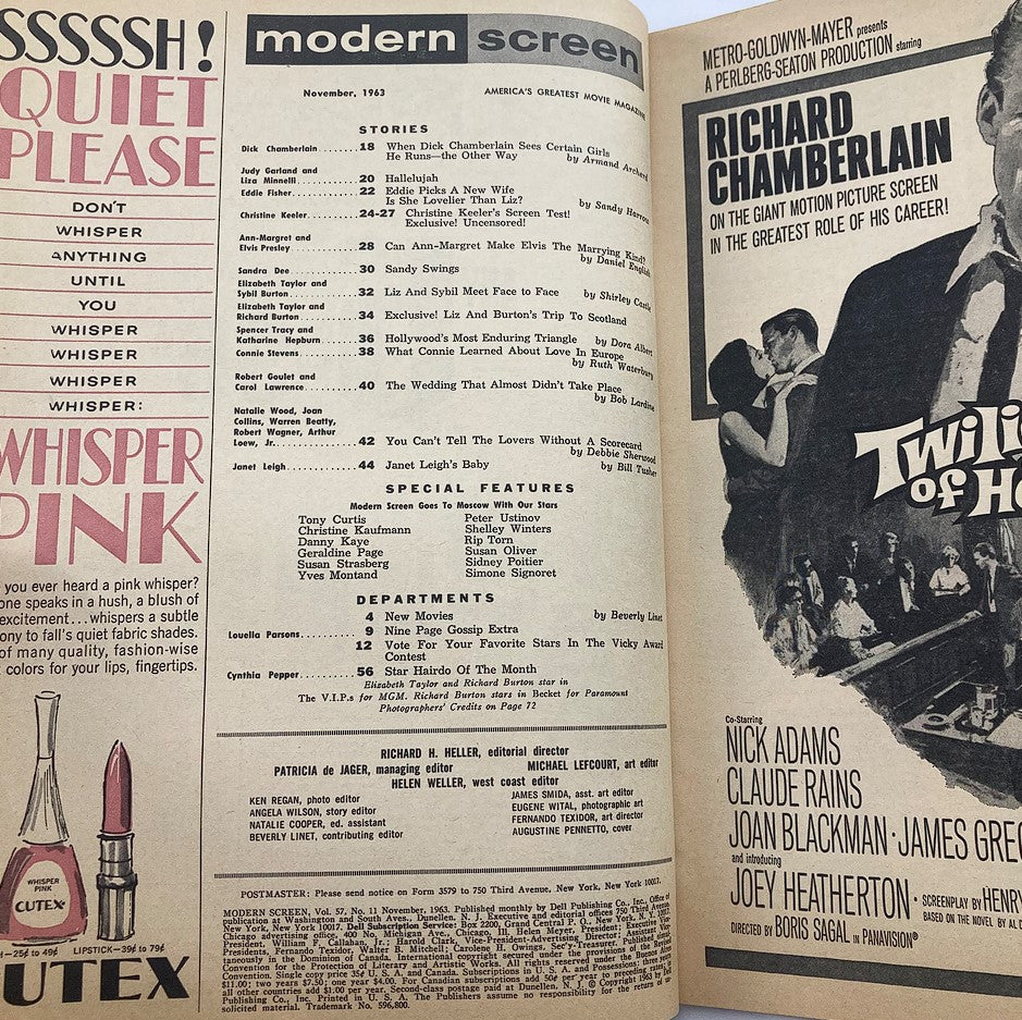 Interior page of the VTG Modern Screen Magazine November 1963, listing stories and features including Liz Taylor and Richard Burton, capturing the essence of classic cinema and entertainment history.