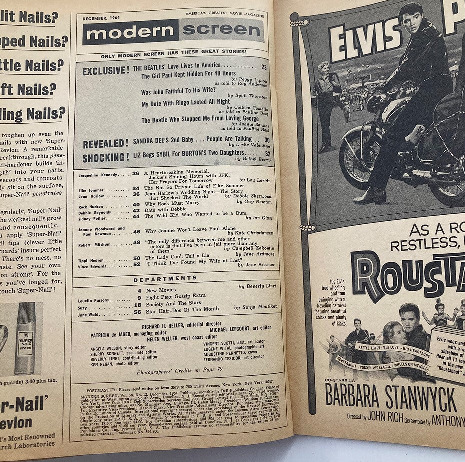 Inside page of VTG Modern Screen Magazine December 1964 featuring articles on The Beatles and exclusive celebrity gossip. Includes headlines and images, showcasing the style of early 1960s pop culture.