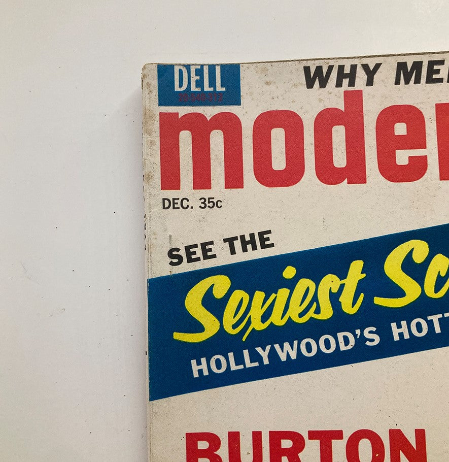 Close-up view of the top section of VTG Modern Screen Magazine December 1963, highlighting the title and promotional content for Hollywood's hottest movies.