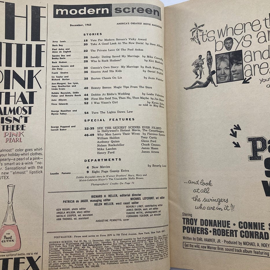 Inside page of VTG Modern Screen Magazine December 1963 displaying the table of contents and featured stories related to classic Hollywood stars.