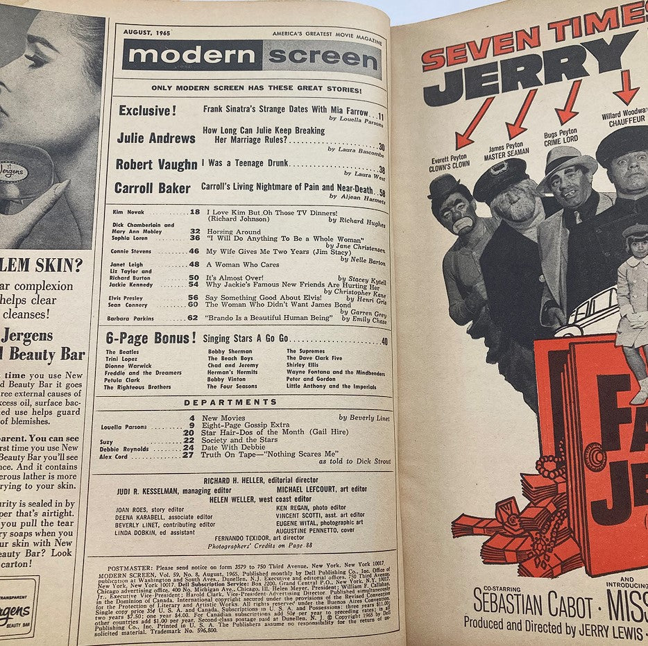 Inside page of VTG Modern Screen Magazine August 1965, displaying featured articles and details, reflecting the entertainment trends of the era.