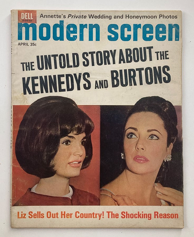 VTG Modern Screen Magazine April 1965 featuring iconic figures Jackie Kennedy and Liz Taylor, showcasing headlines about the Kennedys and Burtons.